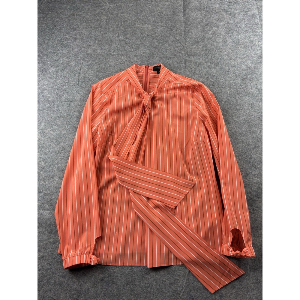 Carlisle Collection 100% Silk Striped Tie Neckβ Button Front Blouse Preppy 8 SEE